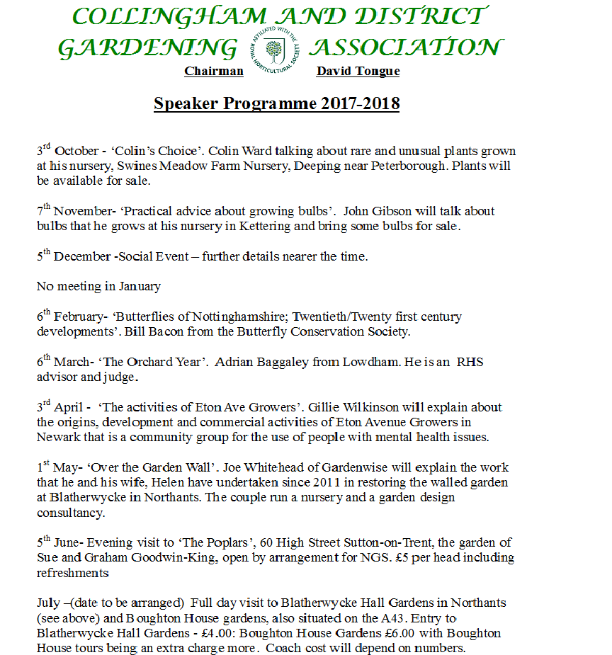 Collingham and District Gardening Association Programme 2017 - 18