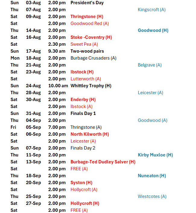 Hinckley Bowling Club Friendly Fixtures (2025).