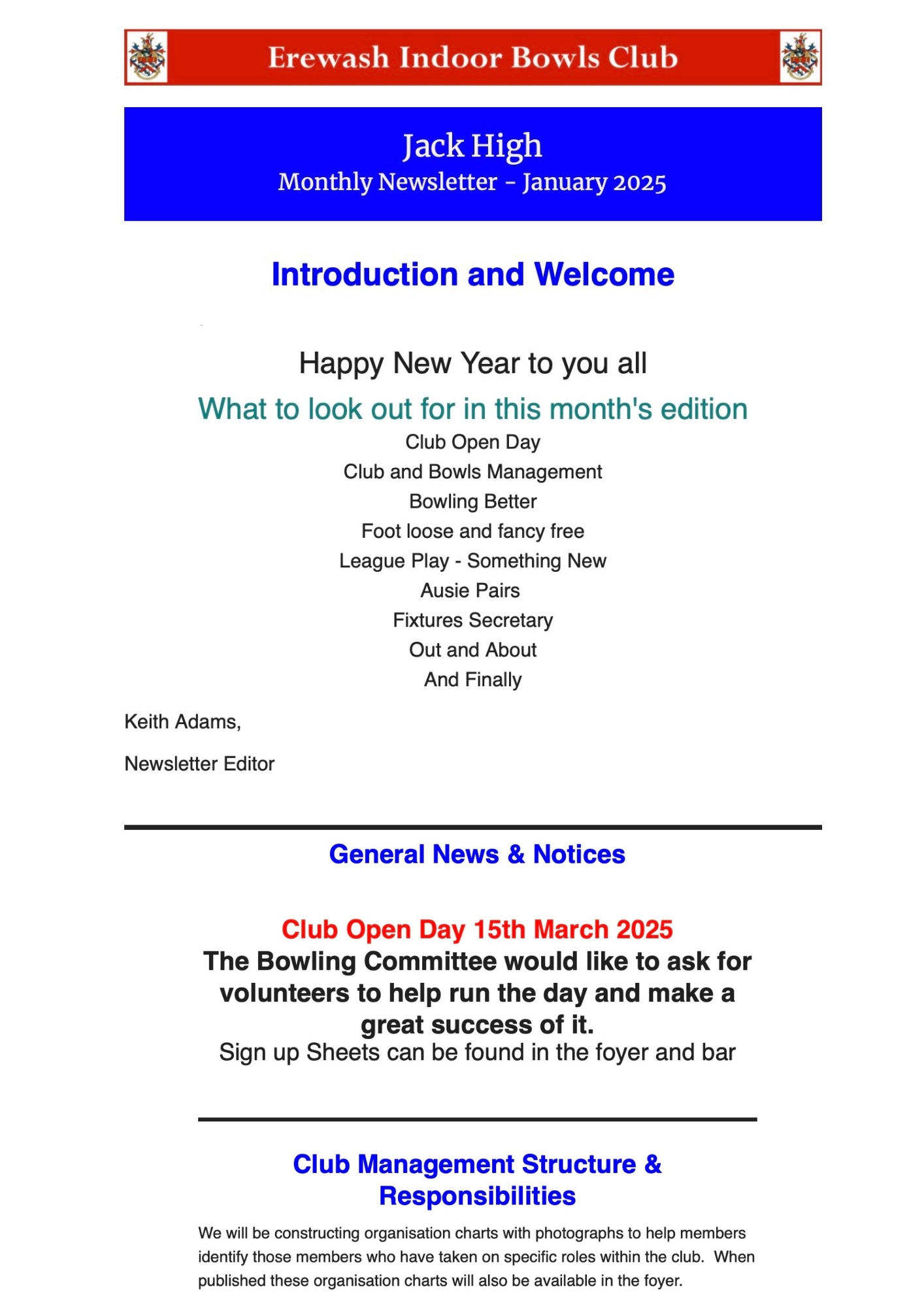 Erewash Indoor Bowls Centre Newsletter