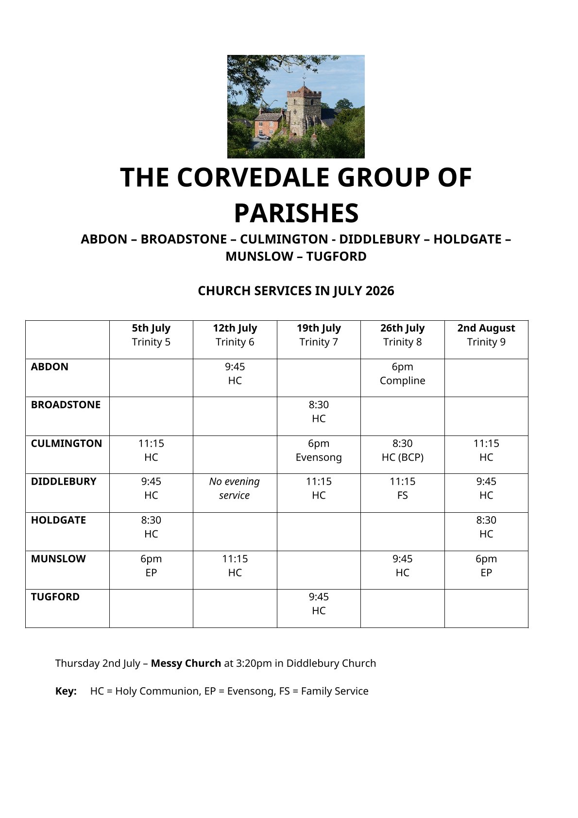 Diddlebury Parish Council Corvedale Church Services
