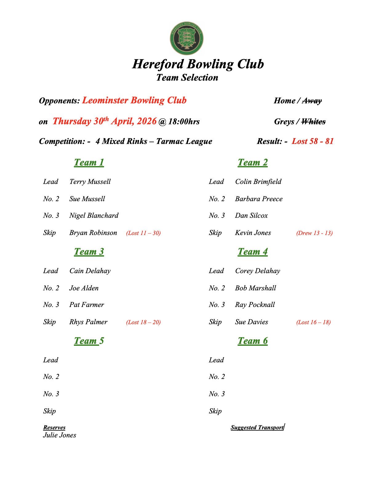 Hereford Bowling Club Leominster - Tarmac League - Home