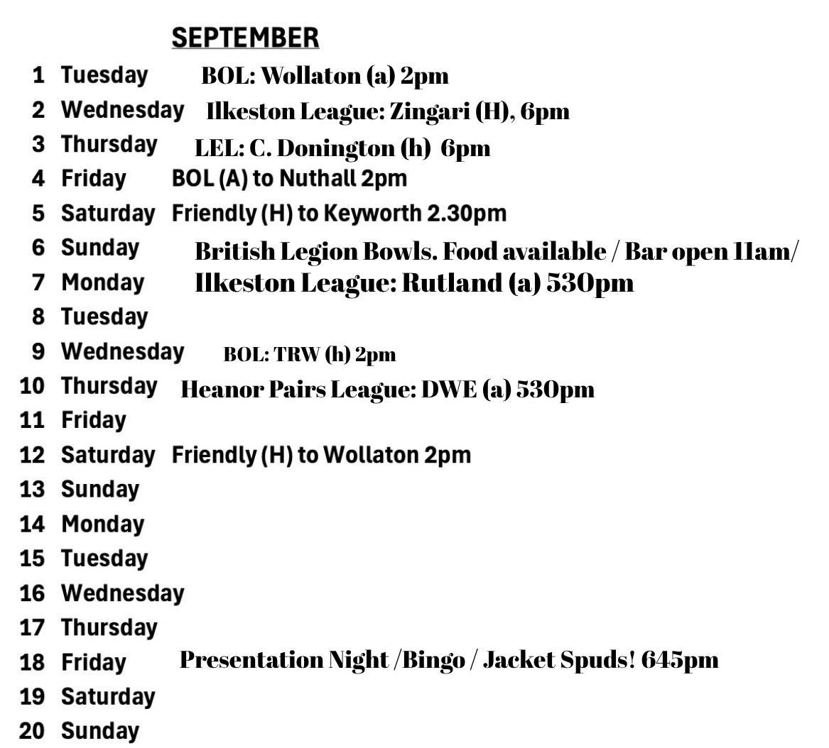 Long Eaton Town Bowls Club Fixtures Calendar