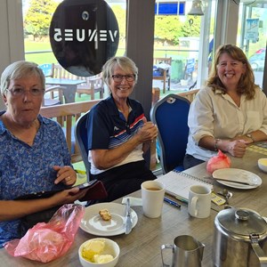 Chriss Hobbs, Carol Bowles and Becca from Game, Set and Match enjoying their Cream Tea
