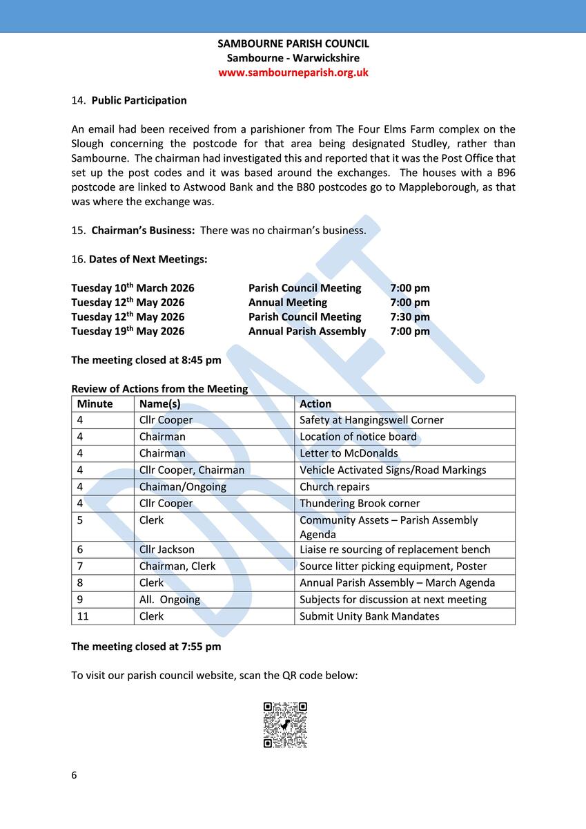 Sambourne Parish Council July 2025 to present