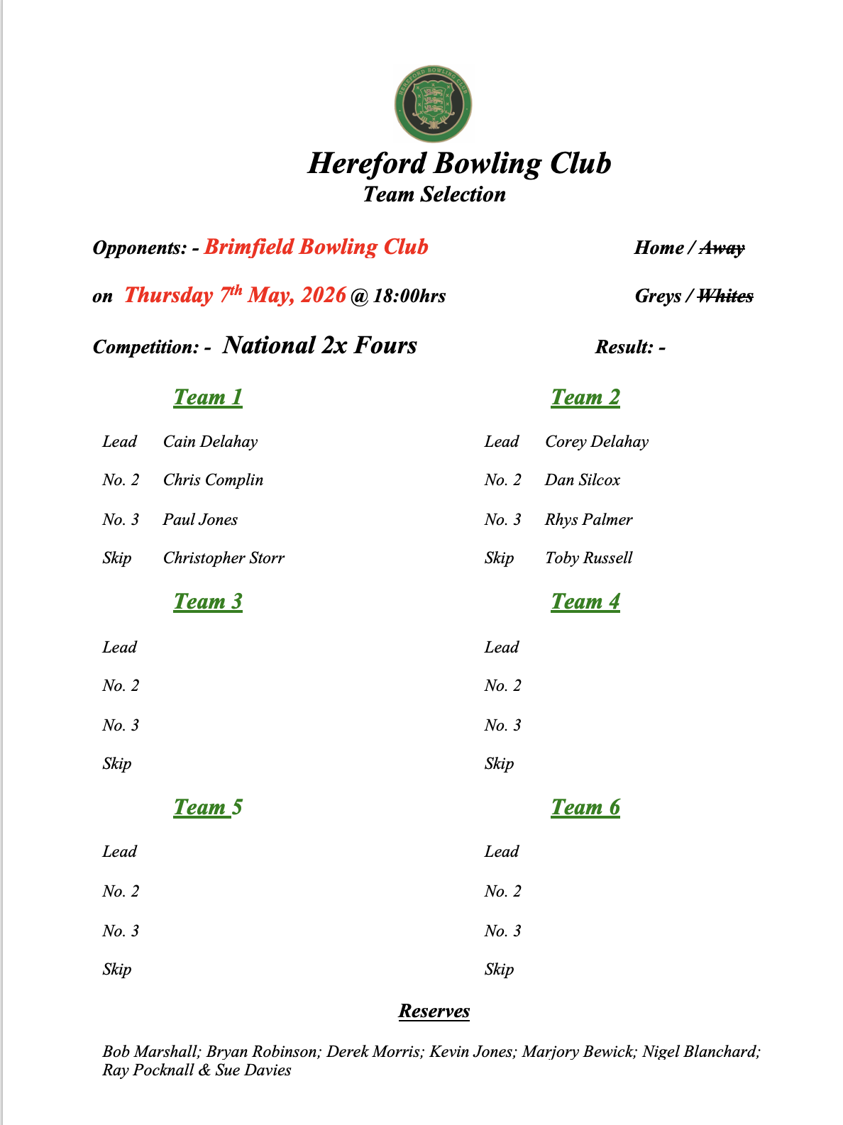 Hereford Bowling Club Brimfield - National 2x Fours - 07/05/26