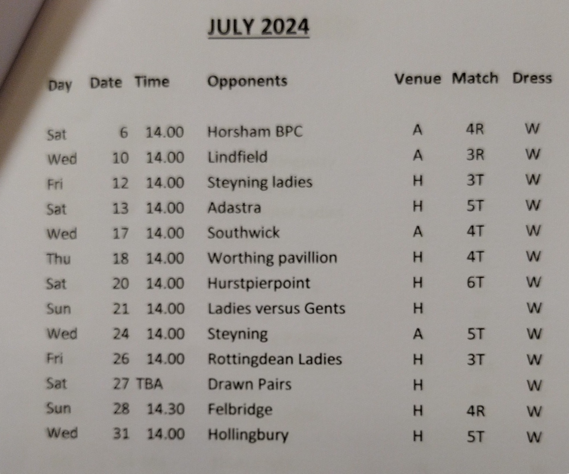 Henfield Bowling Club Fixtures July 2024