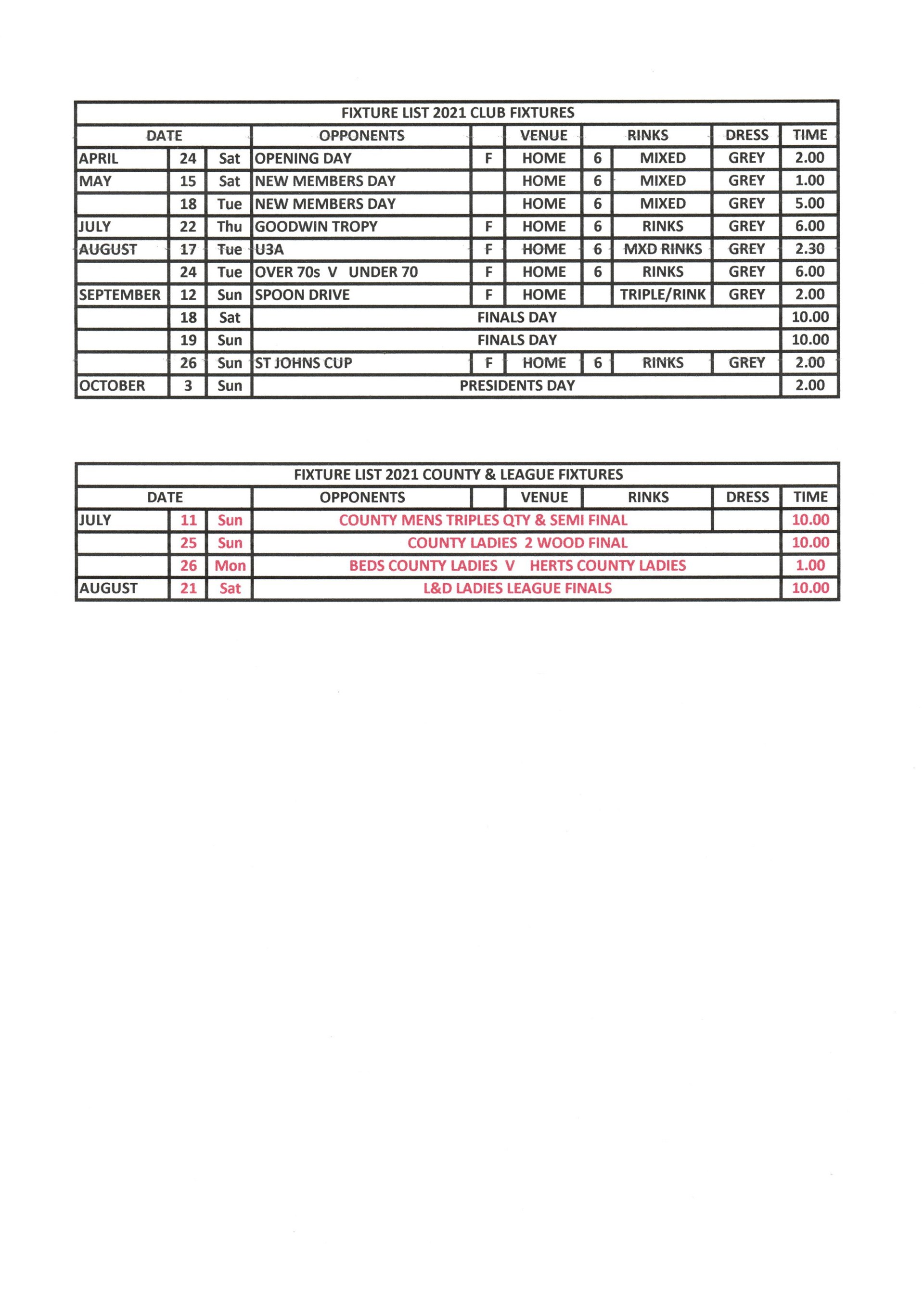 Linslade Bowls Club Other Fixtures - County & Internal