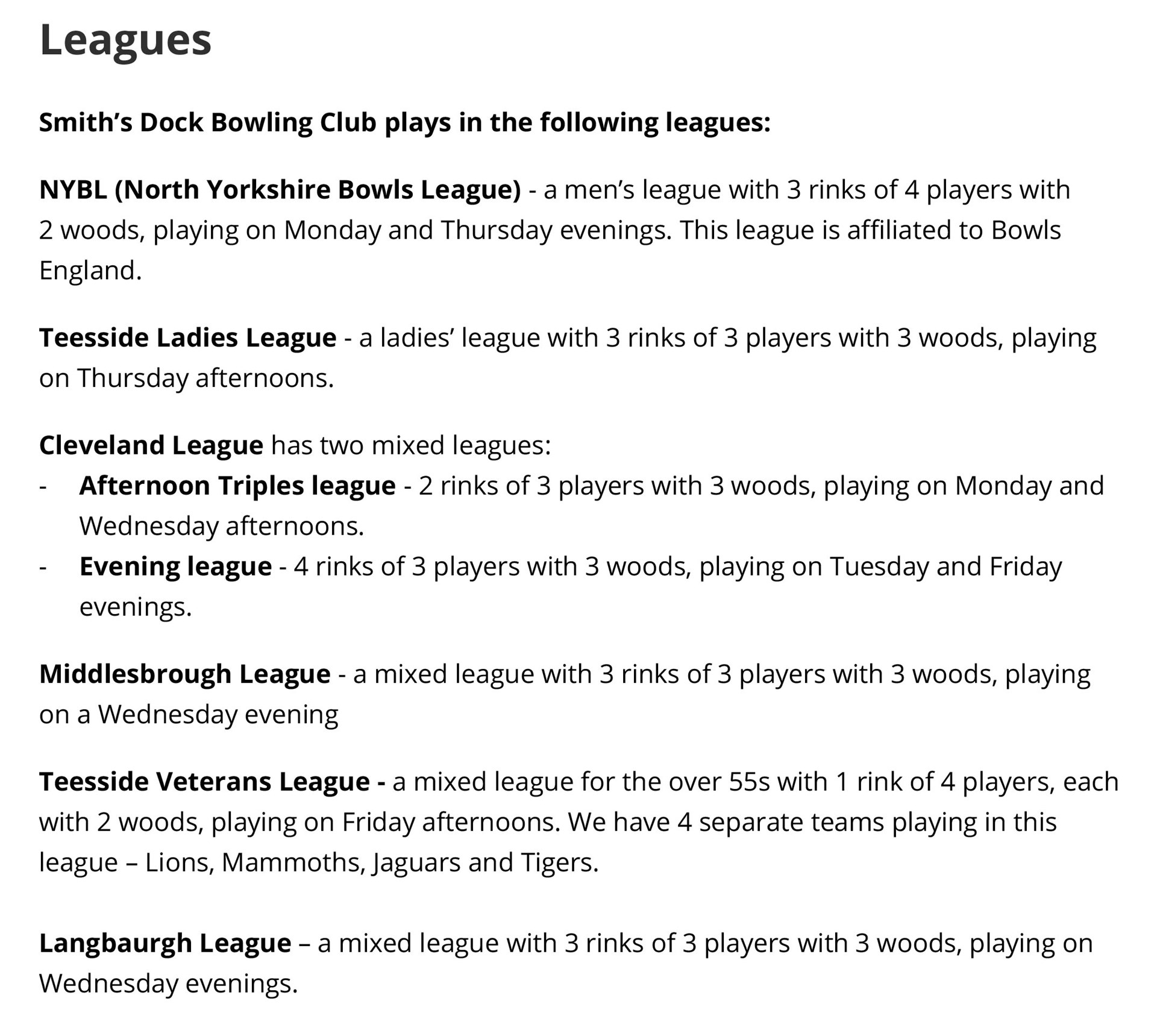 Smiths Dock Bowling Club League Fixtures & Results