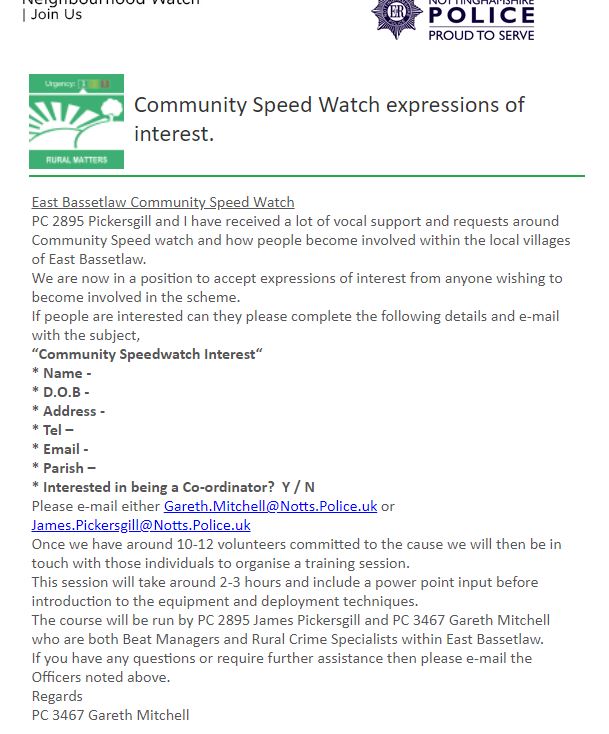 Community Speed Watch Expressions of Interest