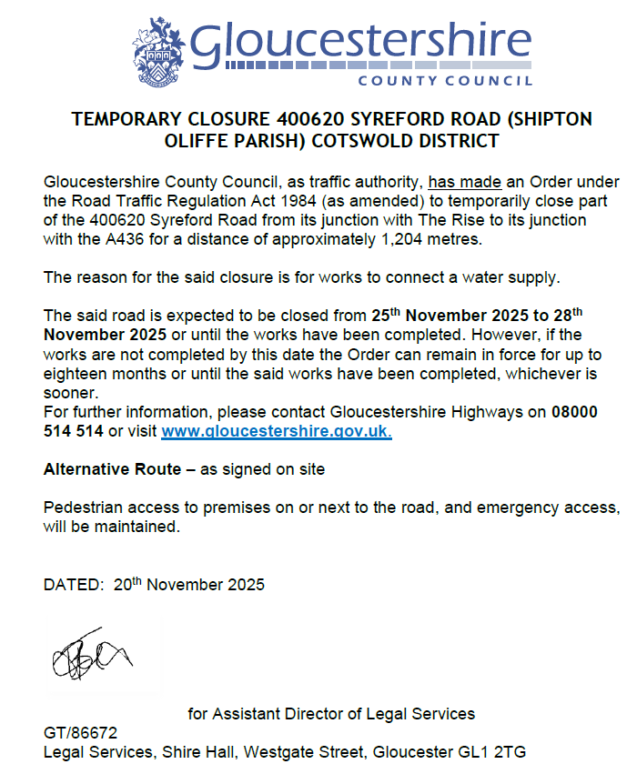Shipton Village Forthcoming Road Closures