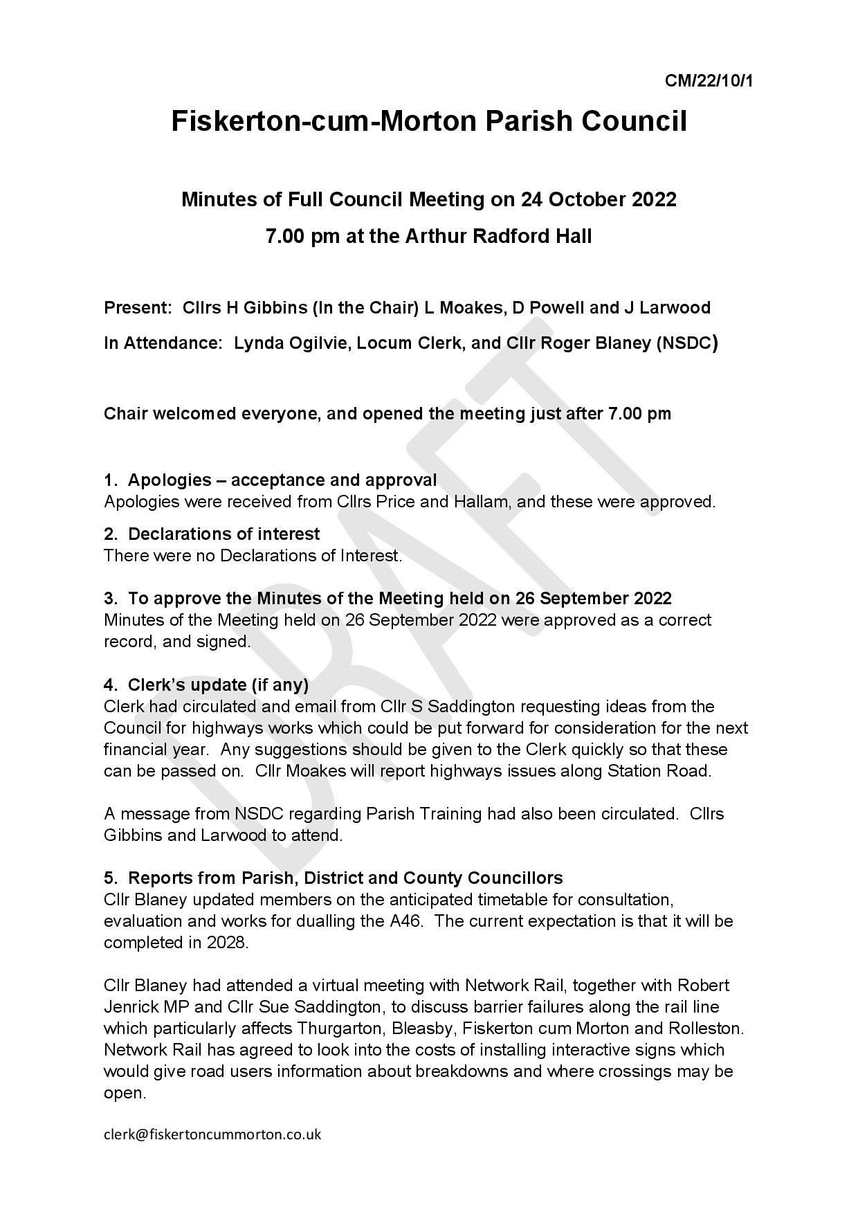 Fiskerton-cum-Morton Parish Council Draft Minutes Oct 22