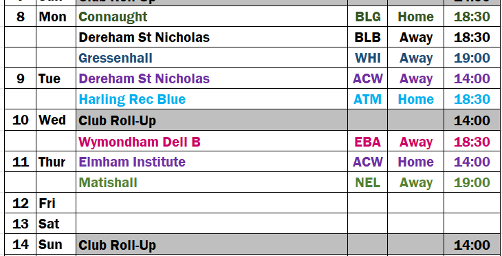 Fixtures for the Week starting 8th June