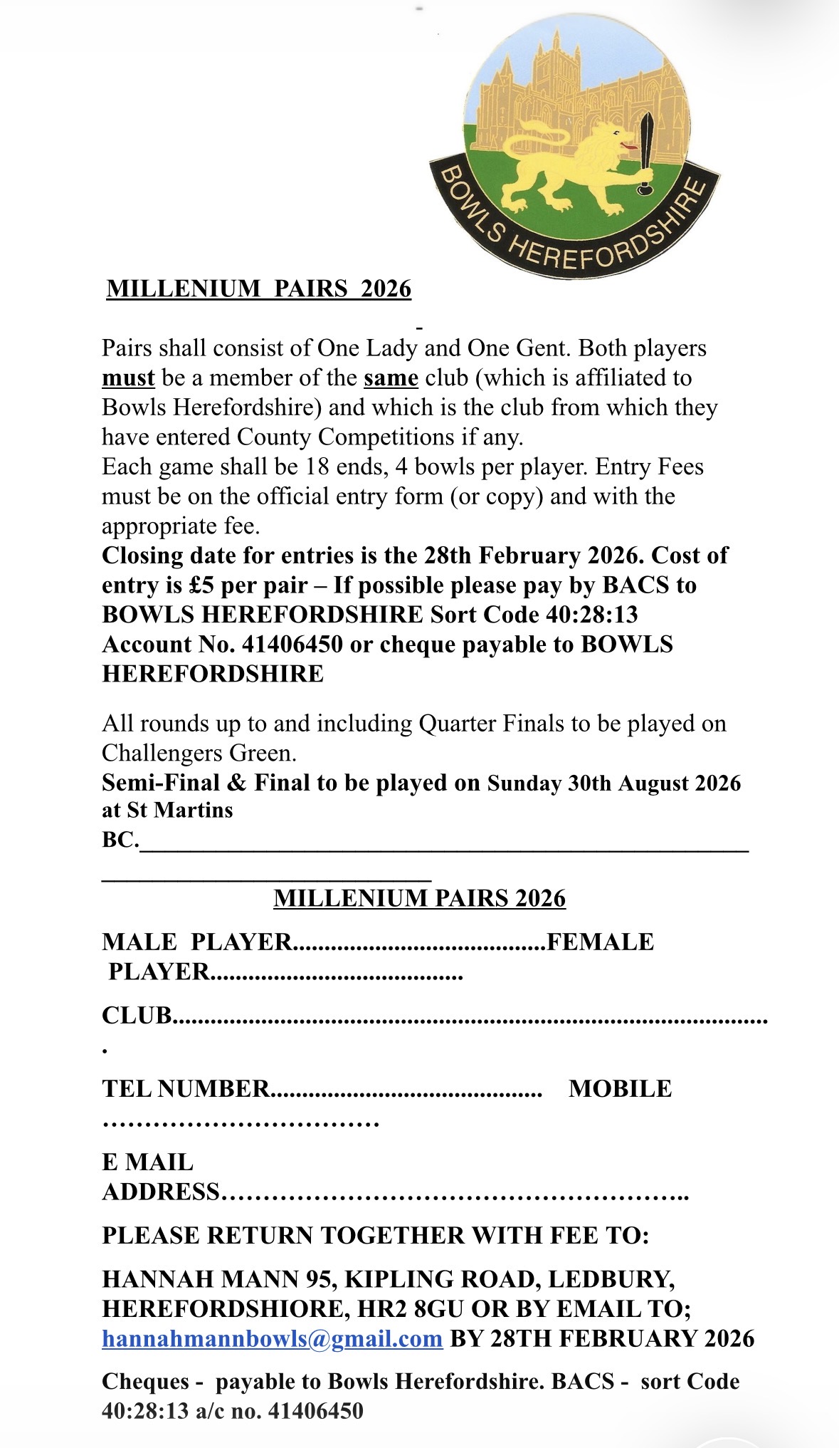 Bowls Herefordshire Millennium Pairs