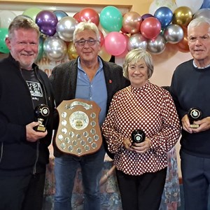 Australian Pairs wiiners Martin Taylor (Elaine Wulcko not available) and Finalists Linda and Bill Draycott being presented their Trophies by Paul Ugo