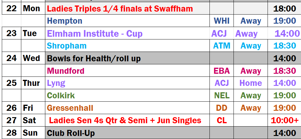 Fixtures for the Week starting 22nd June