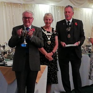 Captain David James Is Pictured with Bowls England President Hazel Marke SBA Mens President David Bishop & SBA Ladies President Ailsa Midwinter after Receiving Tropy for Winning The Div 2 East Title