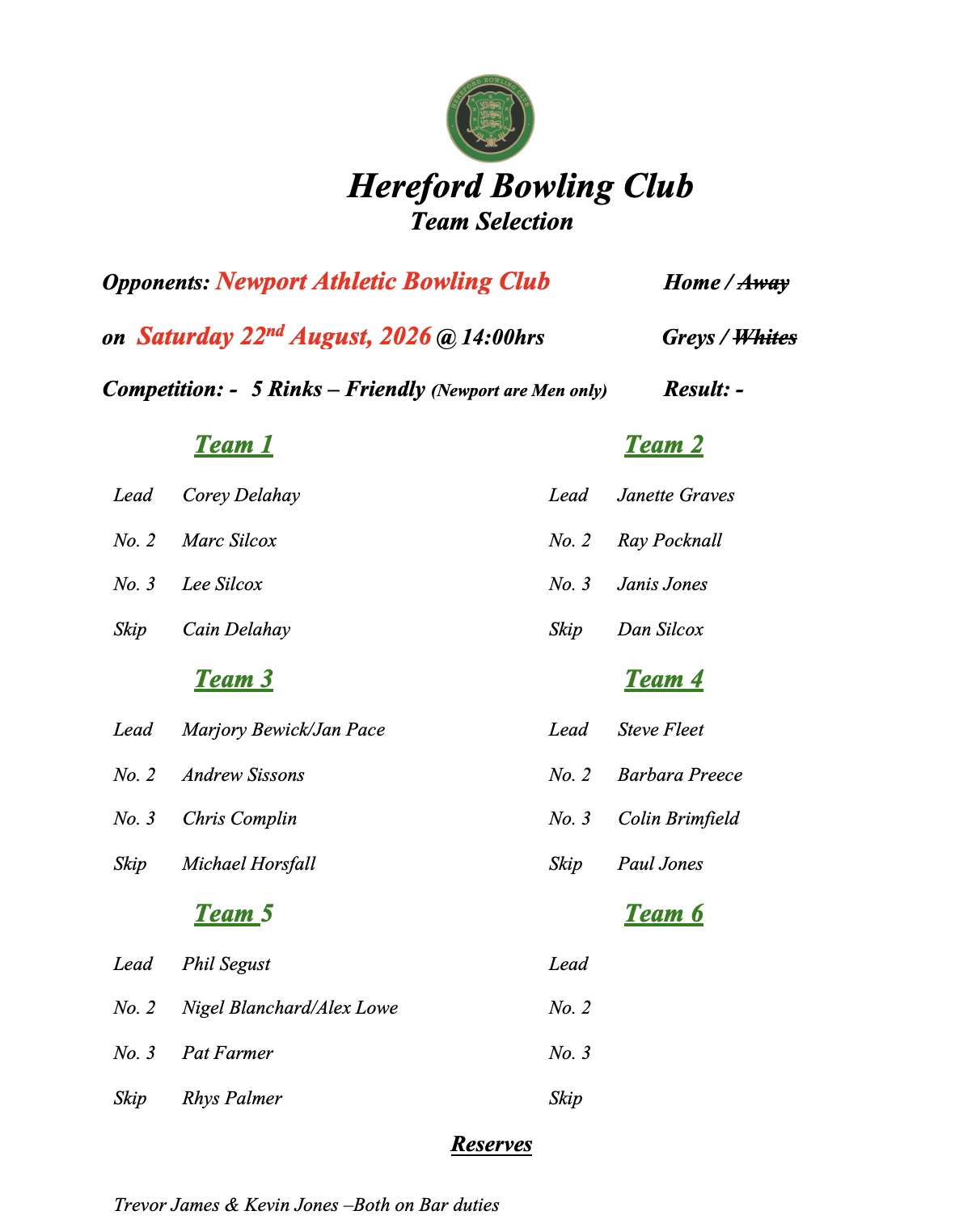Hereford Bowling Club Newport Athletic - Friendly - 22/08/26