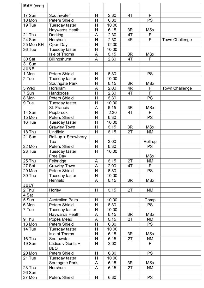 Horsham Park Bowls Club FIxture 2025