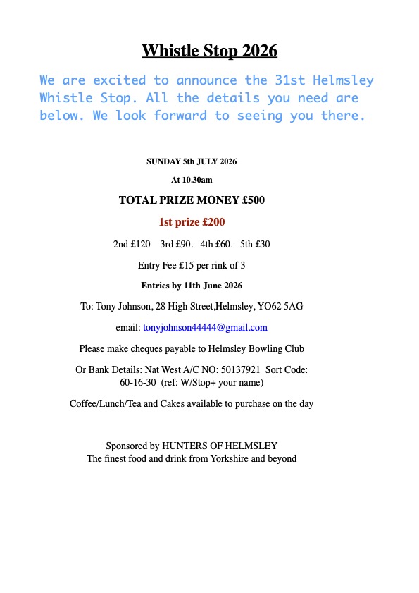 Helmsley Bowling Club Whistle Stop 2026