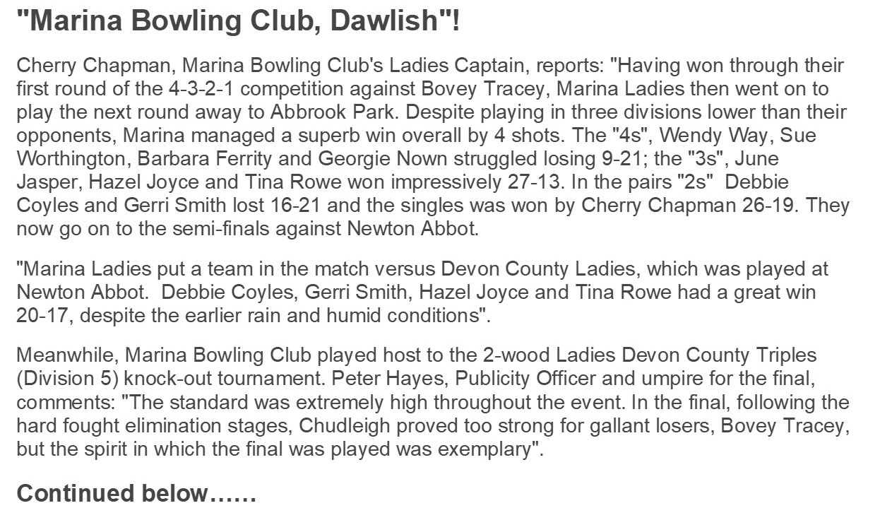 Marina Bowling Club Dawlish 2022 Press Items (June -)