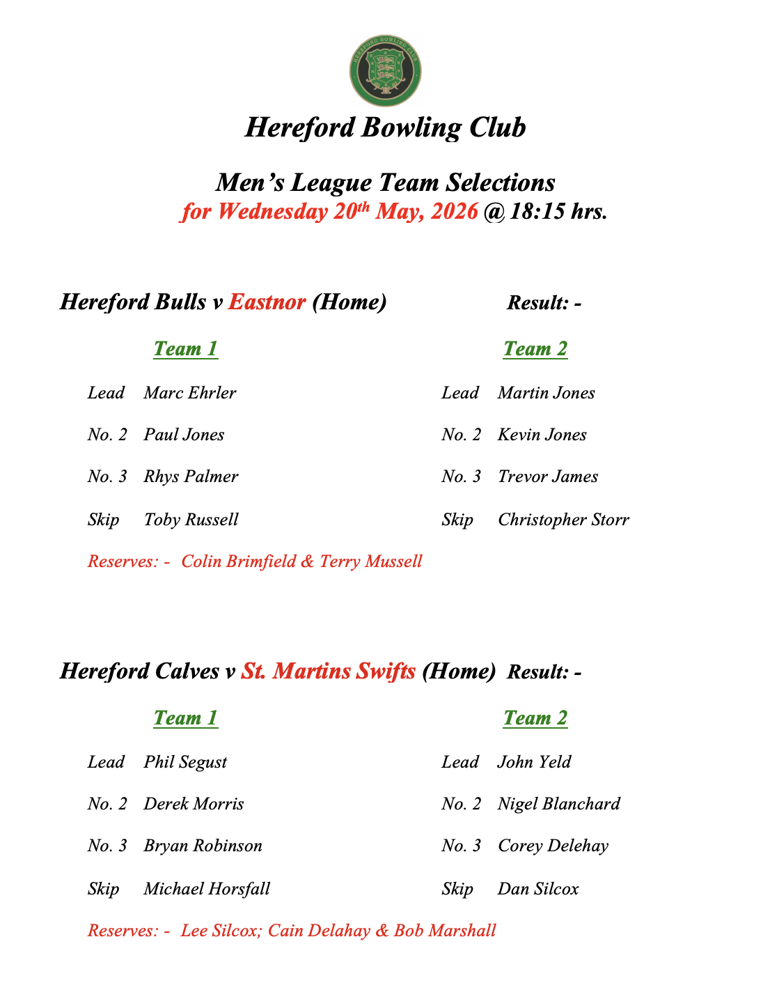 Hereford Bowling Club Men's League - 20/05/26