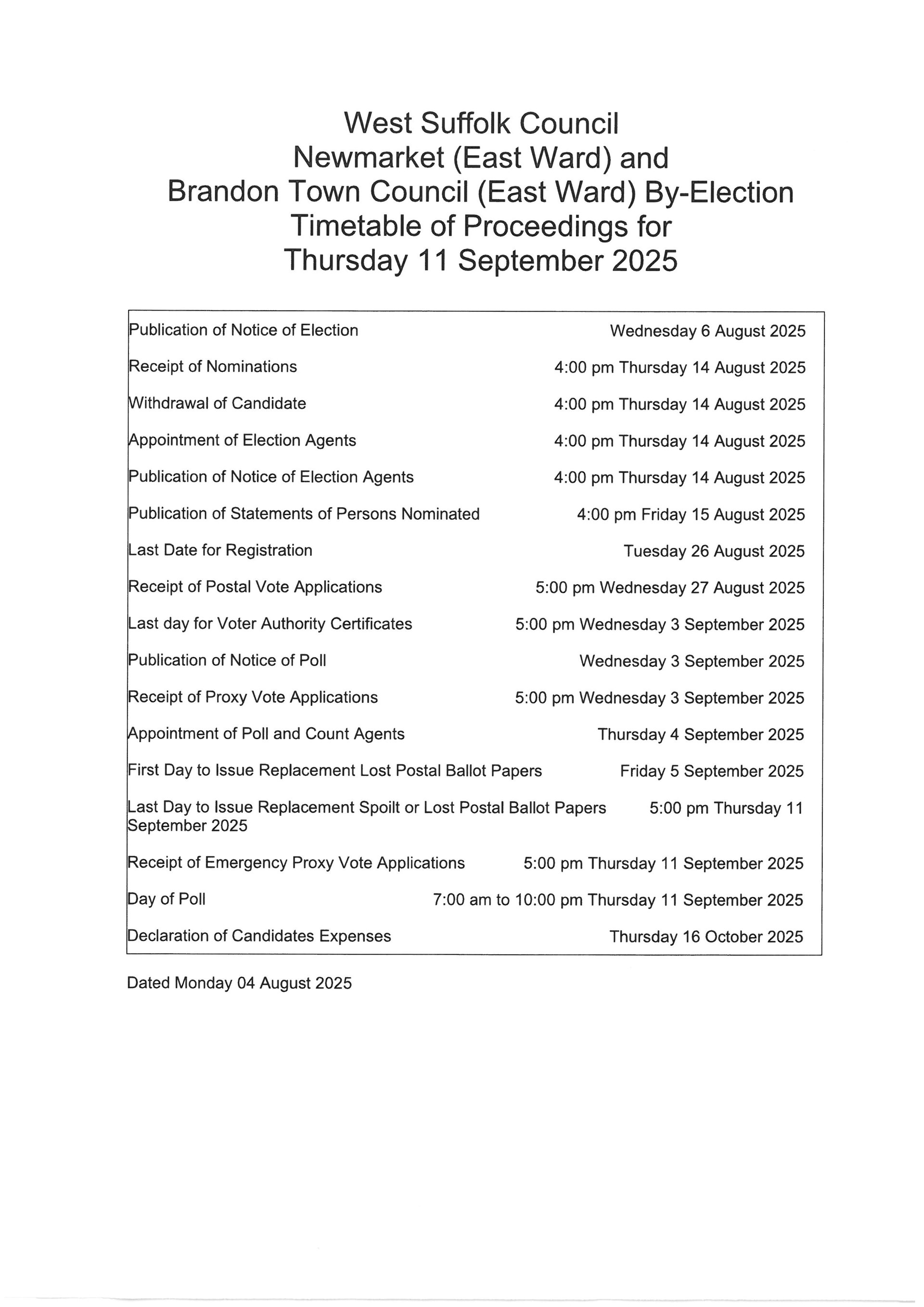 Timetable of proceedings