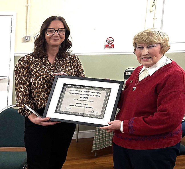 Leesa Blenkinsopp presented with this year's Award at the March Monthly Meeting by Parish Council Chair Sheila Irving