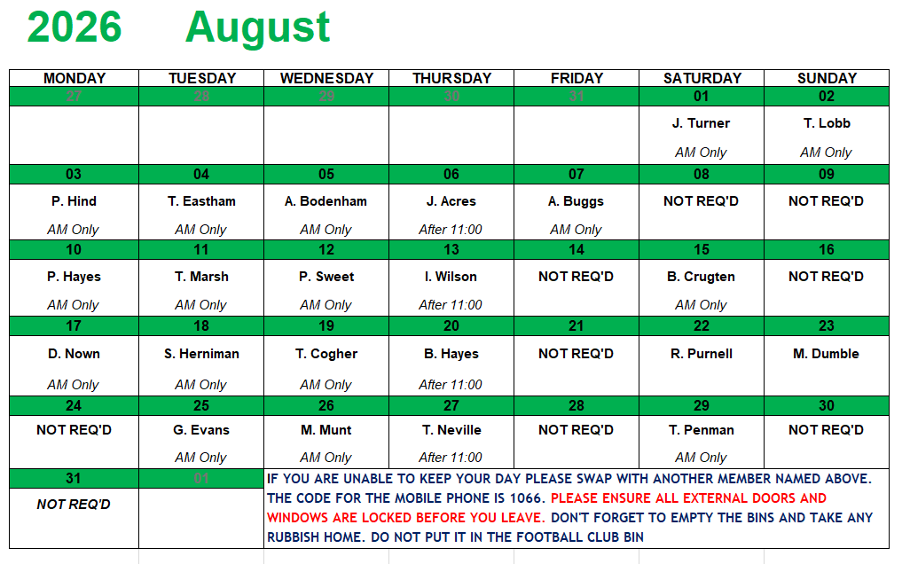 Marina Bowling Club Dawlish Monthly Rota