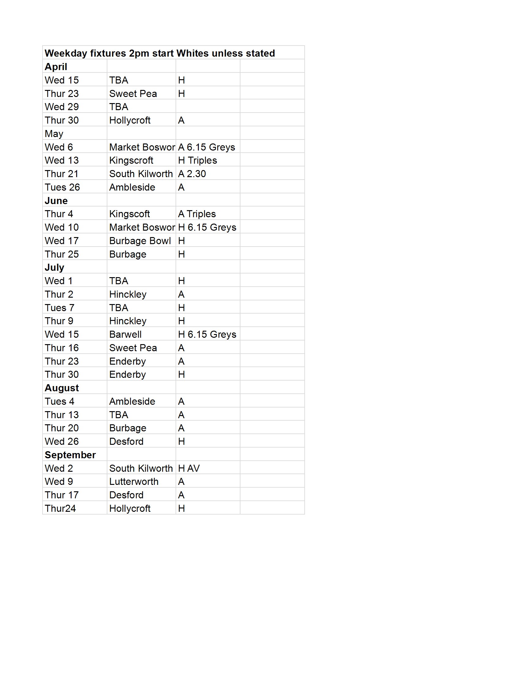 Burgess Bowls Club Weekday Fixtures 2026
