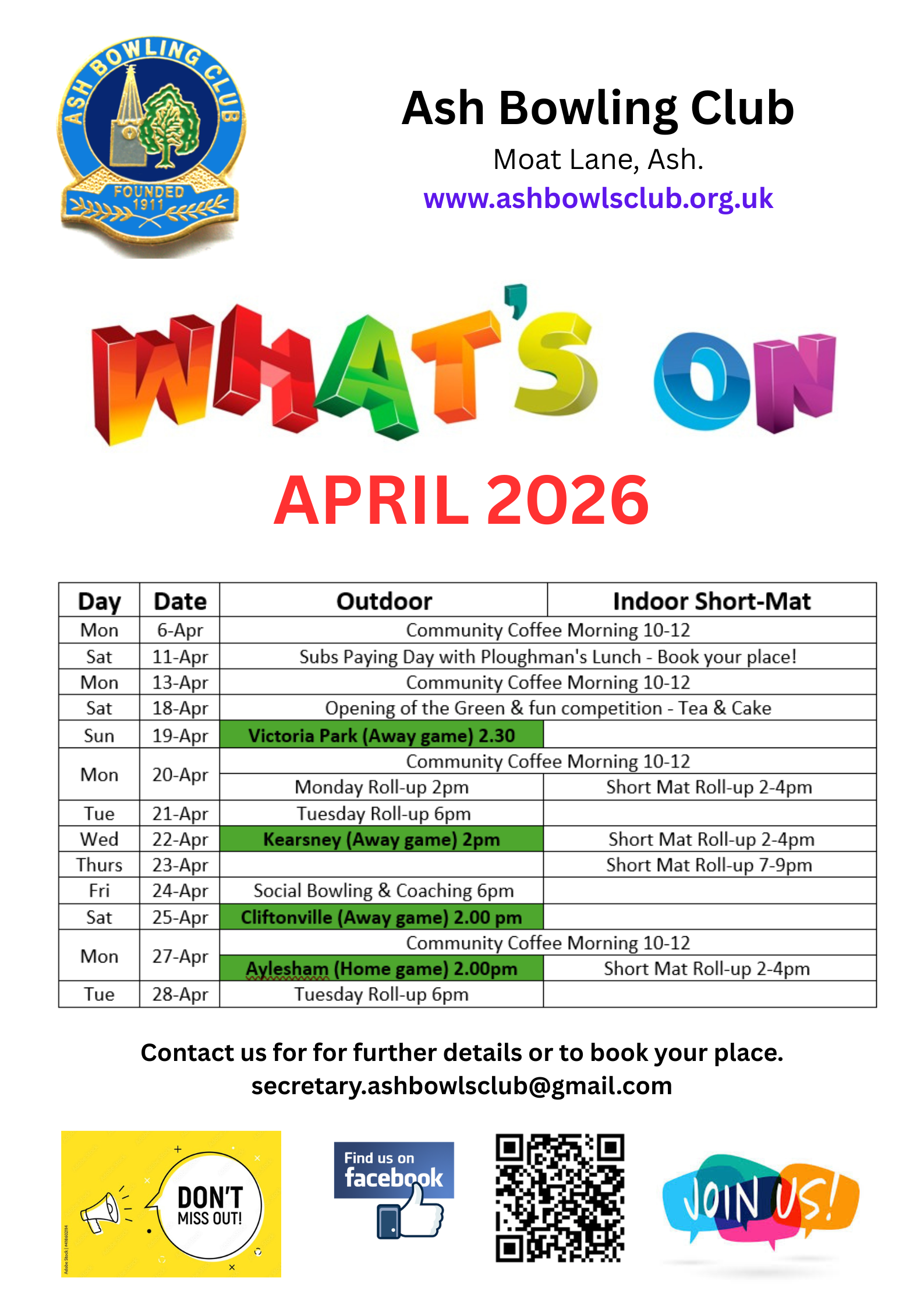Ash Bowling Club What's On & Club Fixtures