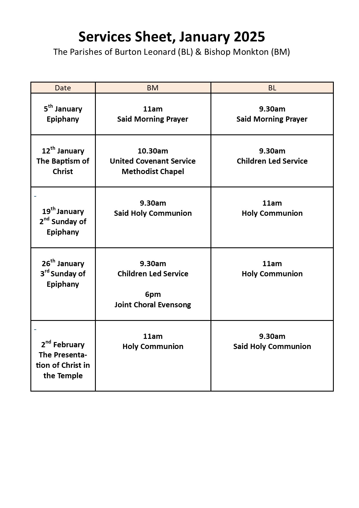 BISHOP MONKTON TODAY Monthly Services