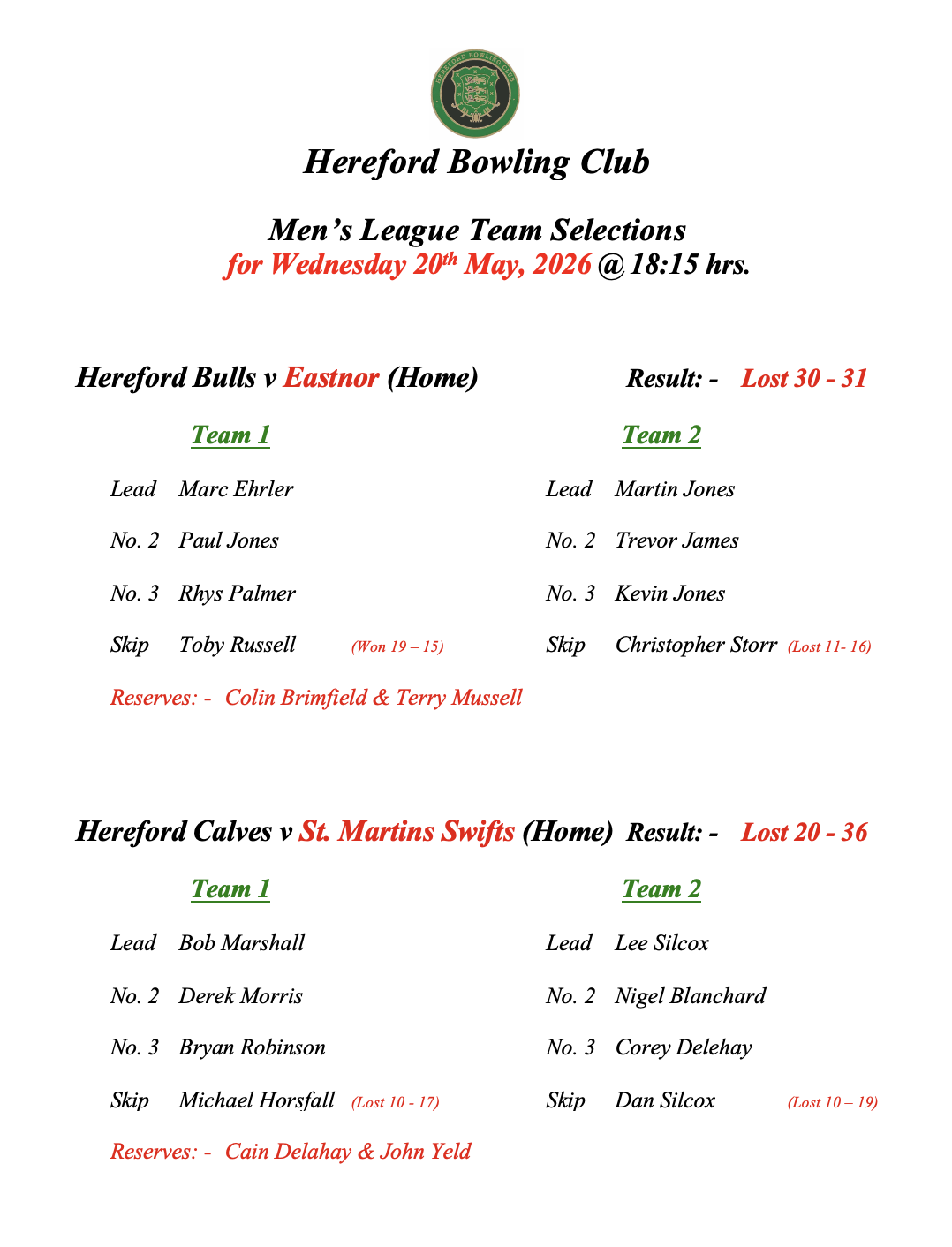 Hereford Bowling Club Men's League - 20/05/26