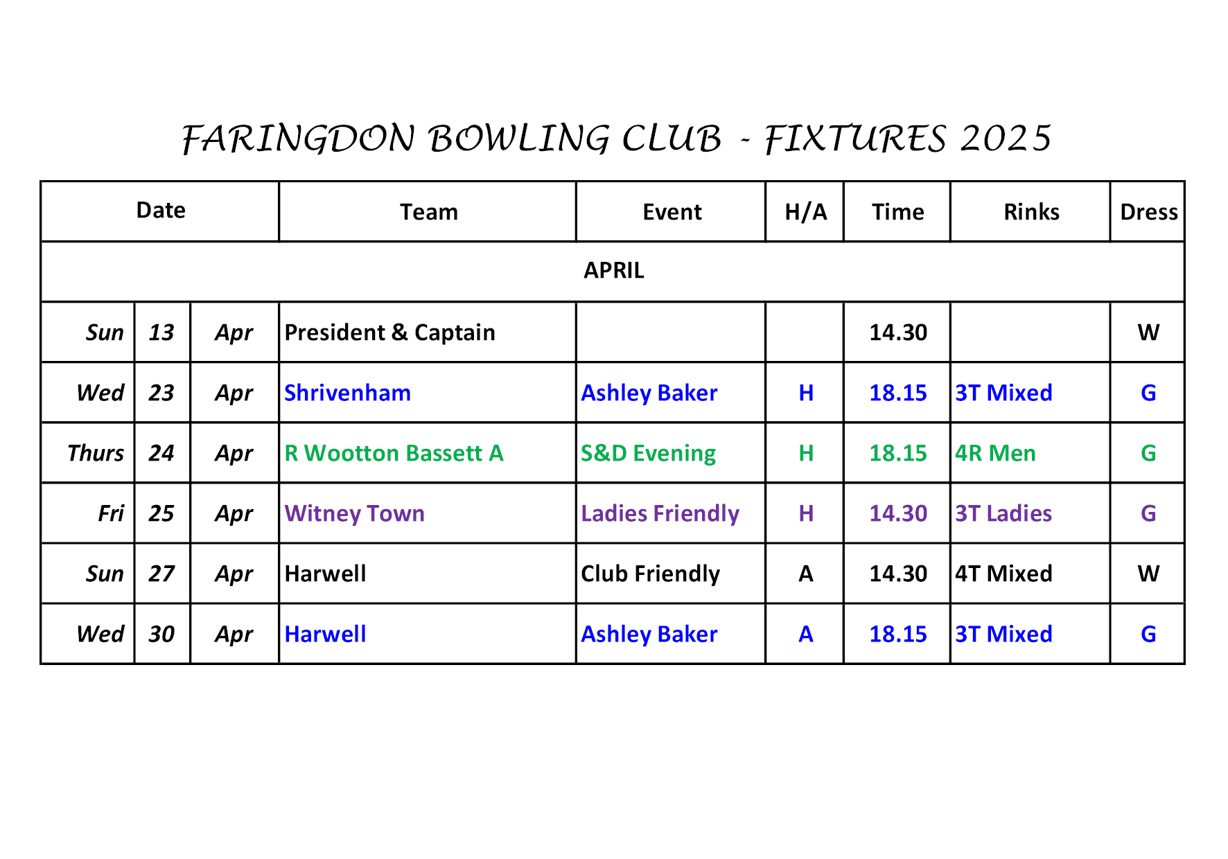 Faringdon Bowling Club Fixtures