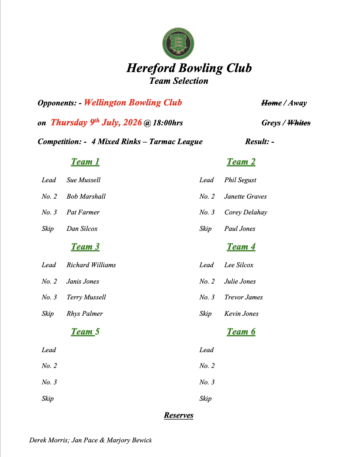 Hereford Bowling Club Wellington - Tarmac League - 09/07/26