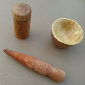 Thanks to Neil for getting me started on woodturning.  First three attempts shown  Duncan. Dibber, Bowl  and box - Duncan