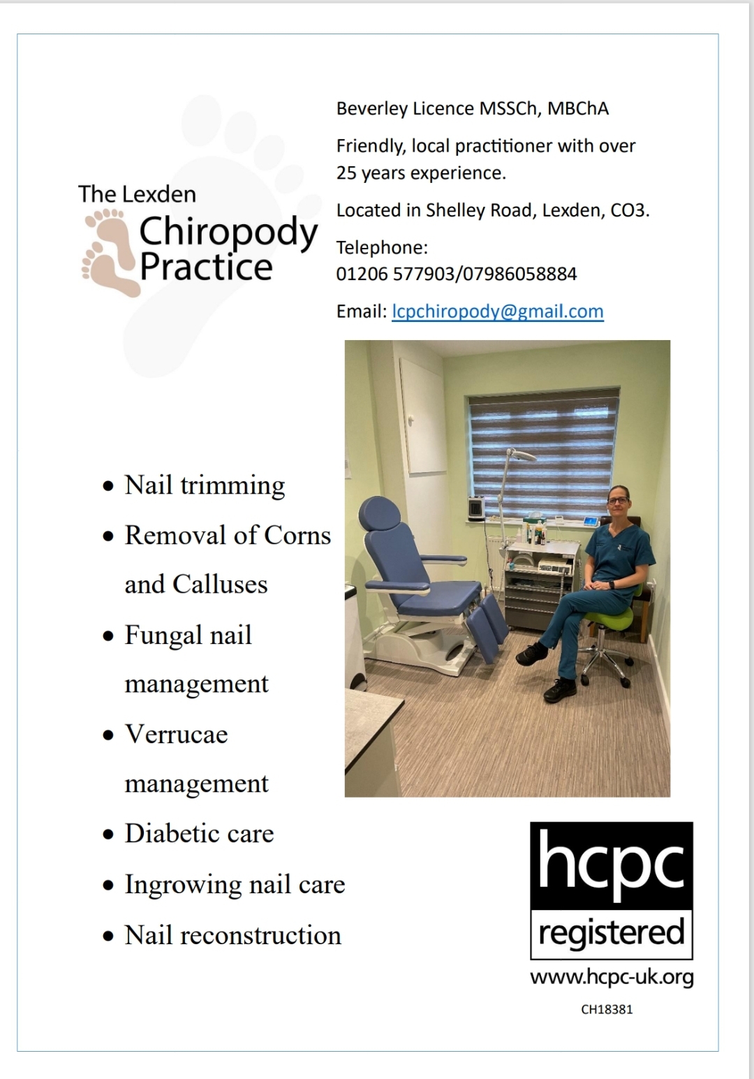 Colchester West End Bowls Club Lexden Chiropody Practice