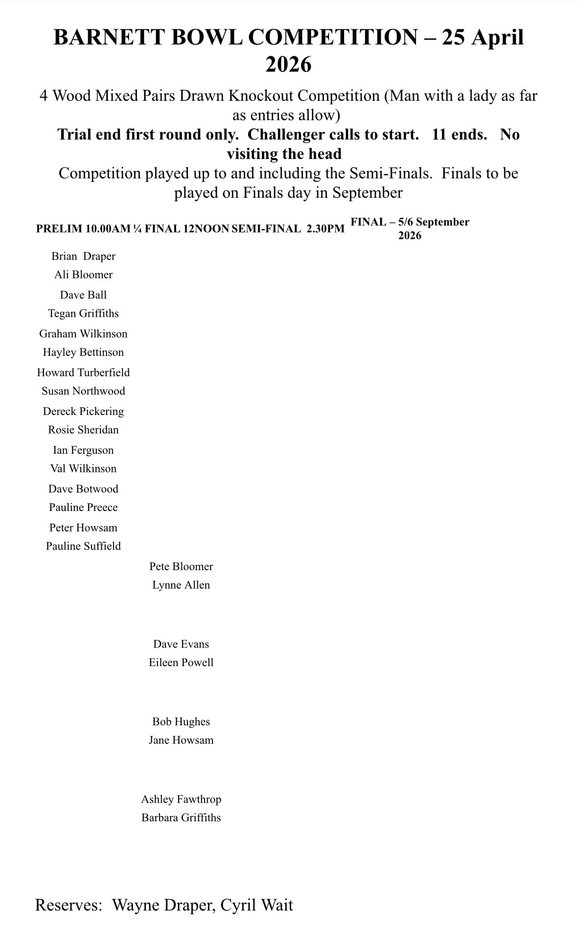 Brimfield and Little Hereford Bowling Club Draw for competitions