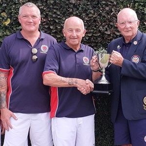 Men's Fours Winners Keith Jones, Carl Baggot, Don Lilley and George Madgwick, with P&D President