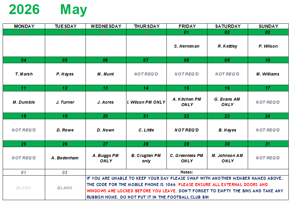 Marina Bowling Club Dawlish Monthly Rota
