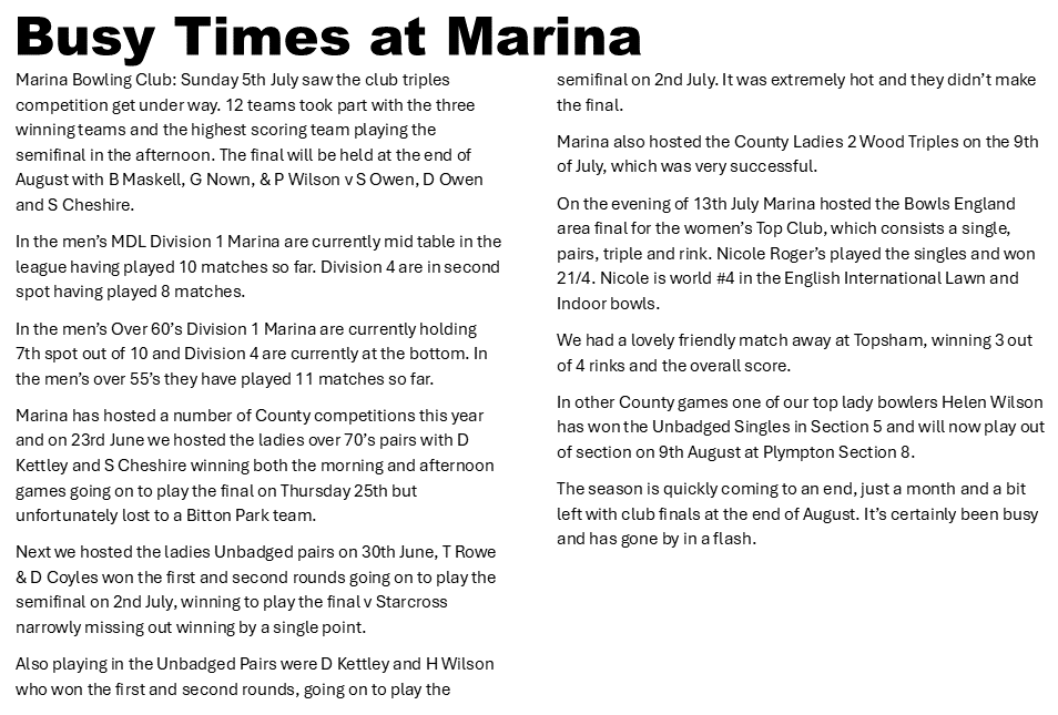 Marina Bowling Club Dawlish 2026 Press Items