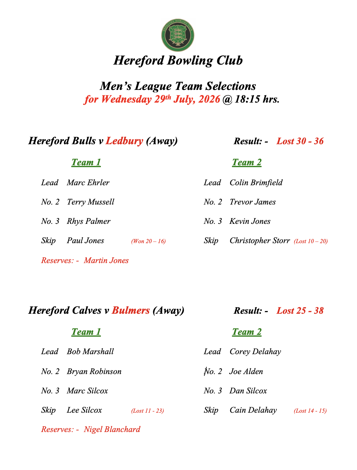 Hereford Bowling Club Men's League - 29/07/26