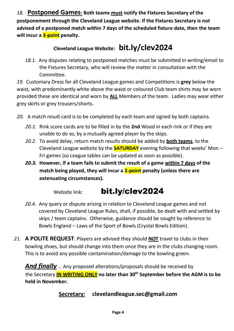 CLEVELAND BOWLS LEAGUE 1921 Rules - Updated Jan 2024