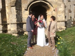 Wedding at Holme, Doreen Hallam churchwarden looking on