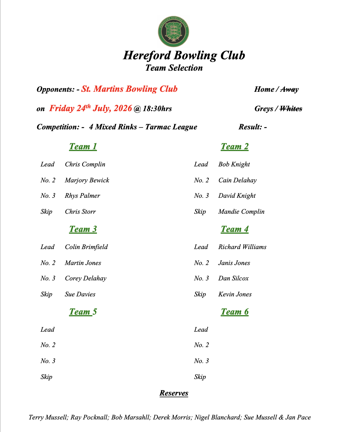 Hereford Bowling Club St. Martins - Tarmac League - 24/07/26