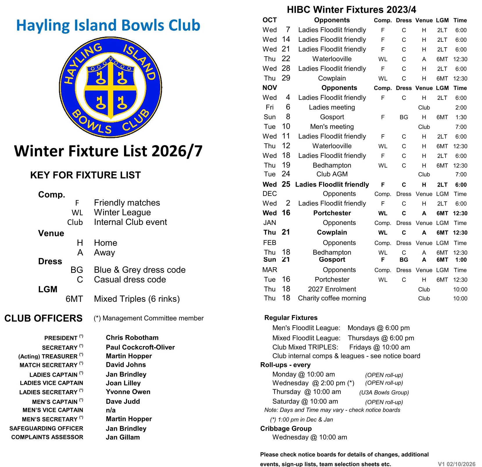 Hayling Island Bowls Club 2026 Fixture List