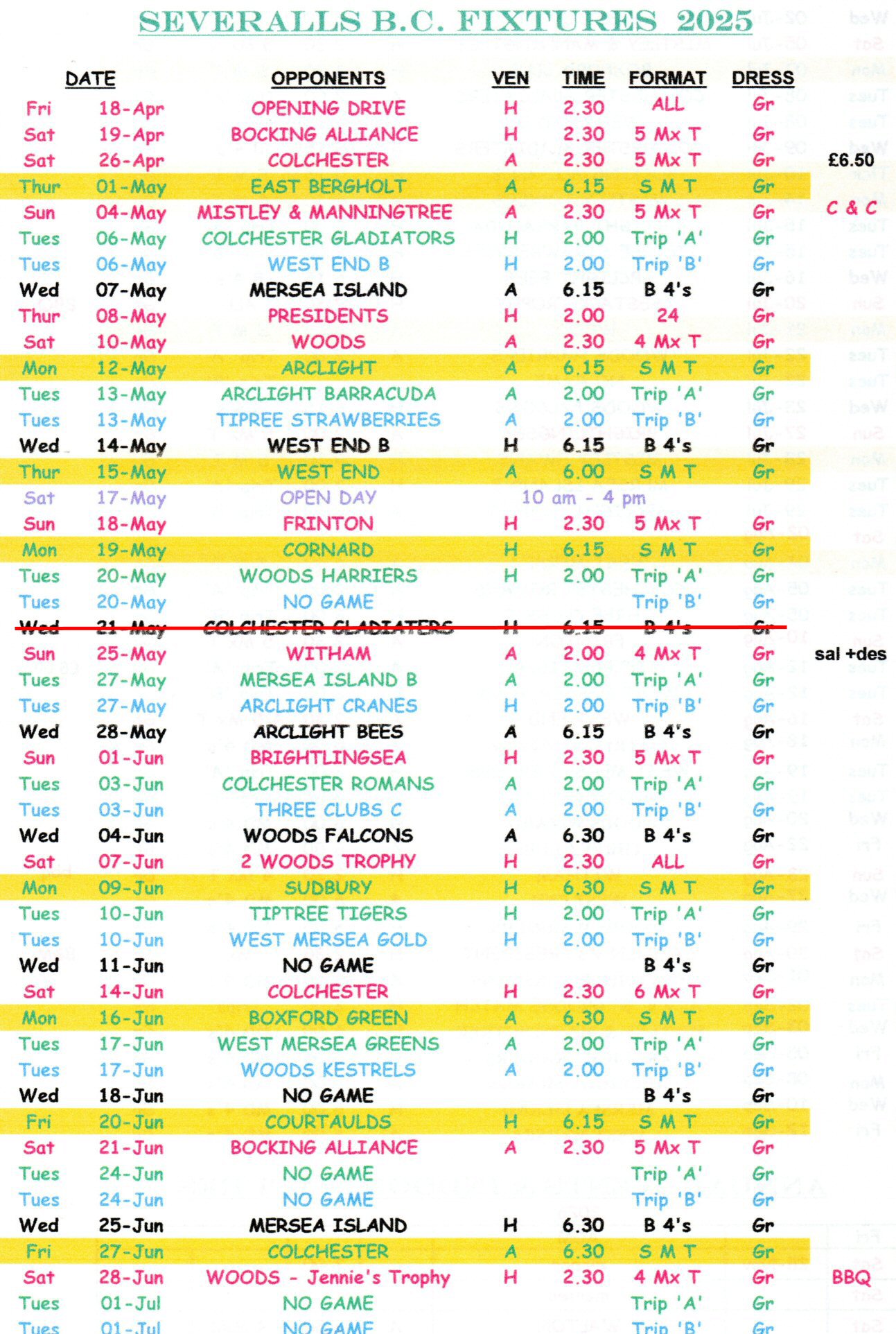 Severalls Bowls Club 2025 Match Fixtures
