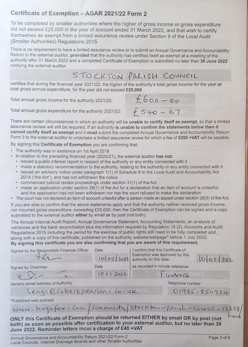 Stockton Parish Council AGAR 2021 - 2022
