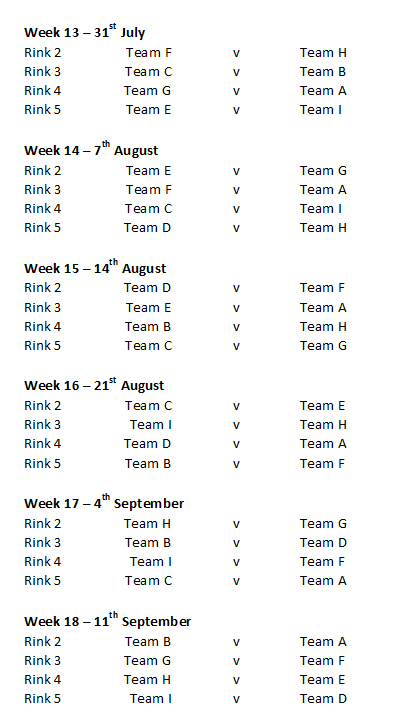 Buckingham West End Bowls Club FNT Fixtures Weeks 13-18