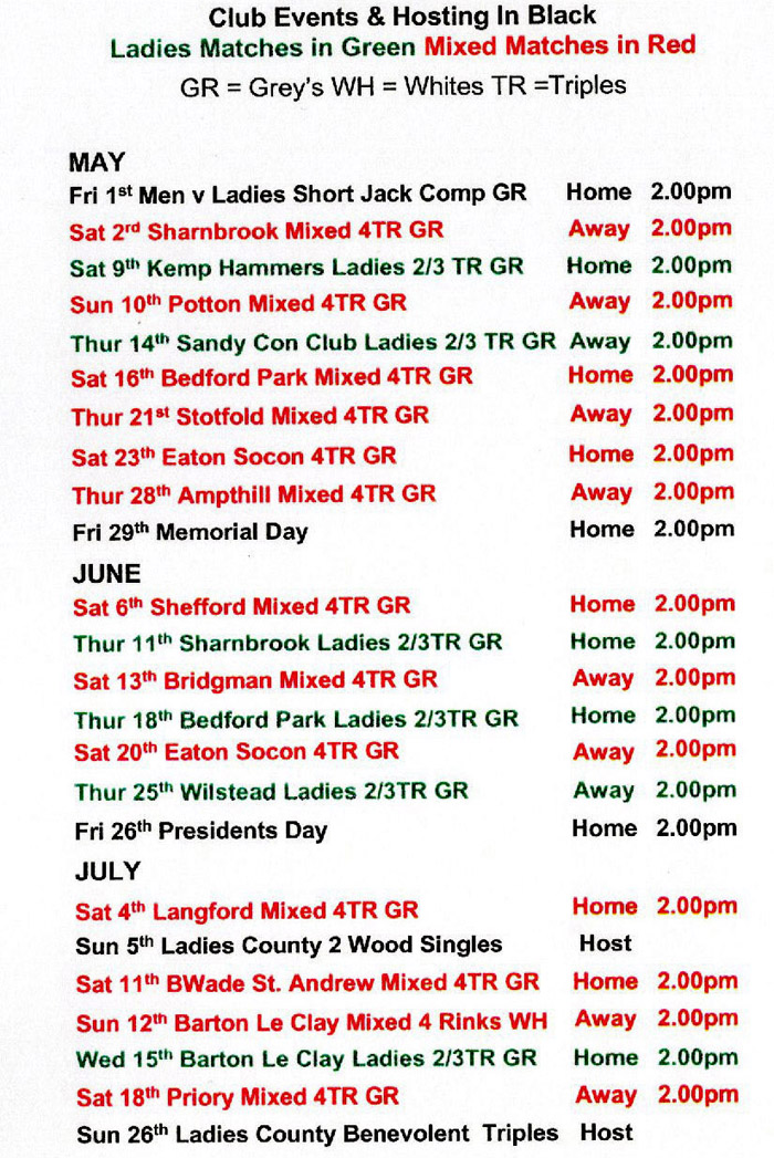 Mowsbury Park Bowls Club Bedford 2026  Fixtures