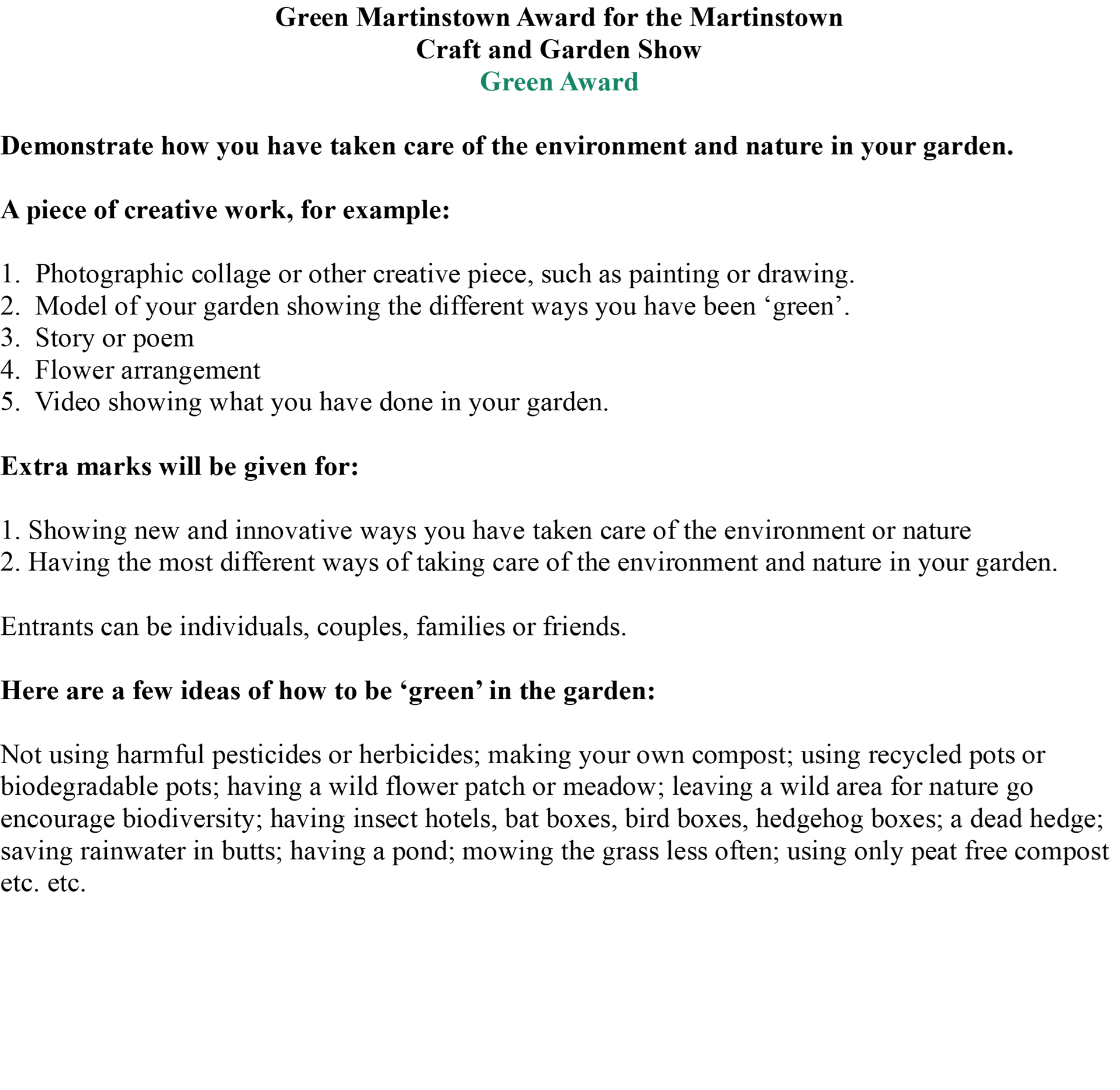Martinstown Village Hall Entry Categories